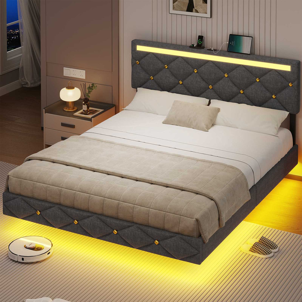 DICTAC Lit avec sommier LED Réglable Lits 2 Places avec Rembourré Tête de Lit Cadre de Lits avec Lattes en Bois et Multiprise