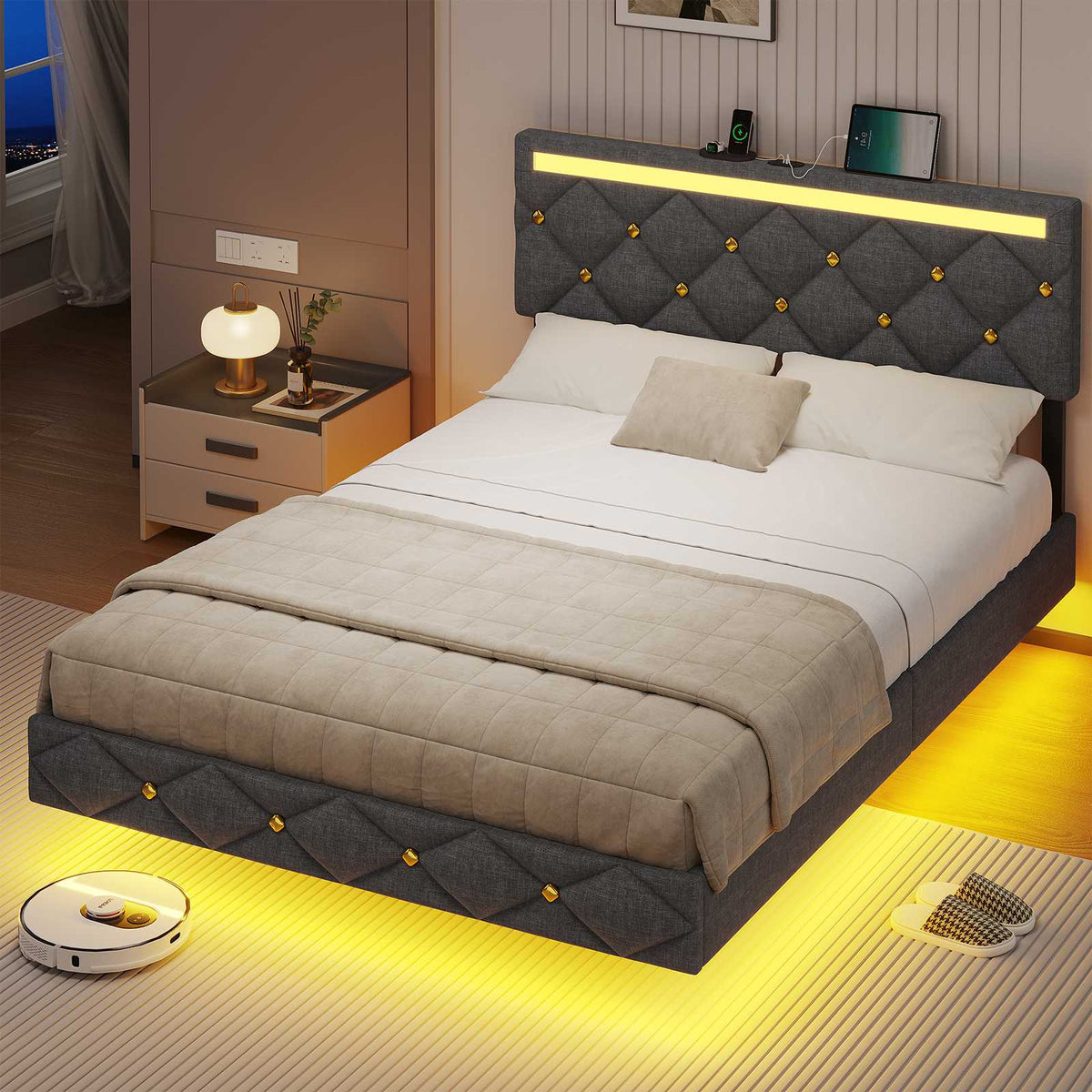 DICTAC Lit avec sommier LED Réglable Lits 2 Places avec Rembourré Tête de Lit Cadre de Lits avec Lattes en Bois et Multiprise