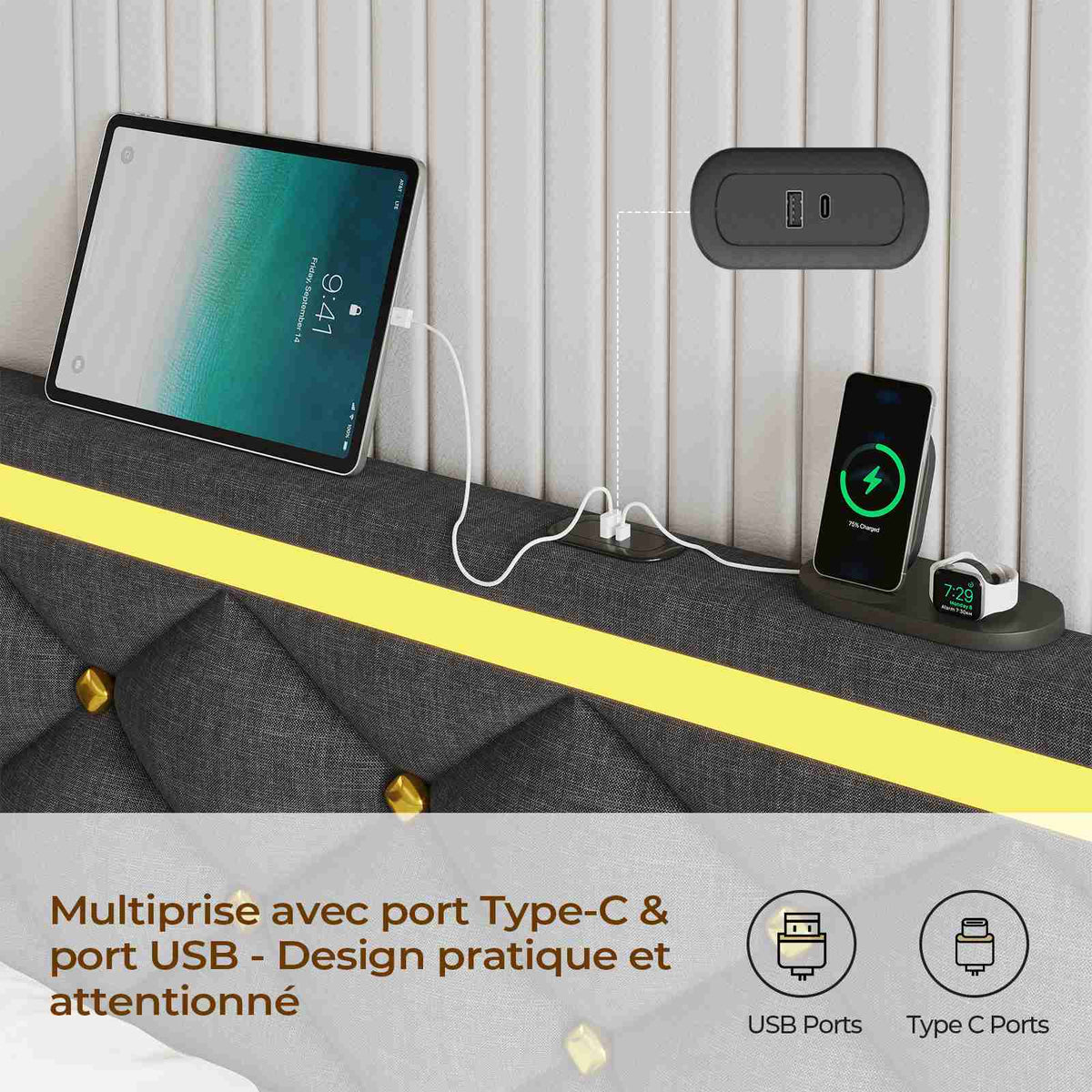 DICTAC Lit avec sommier LED Réglable Lits 2 Places avec Rembourré Tête de Lit Cadre de Lits avec Lattes en Bois et Multiprise