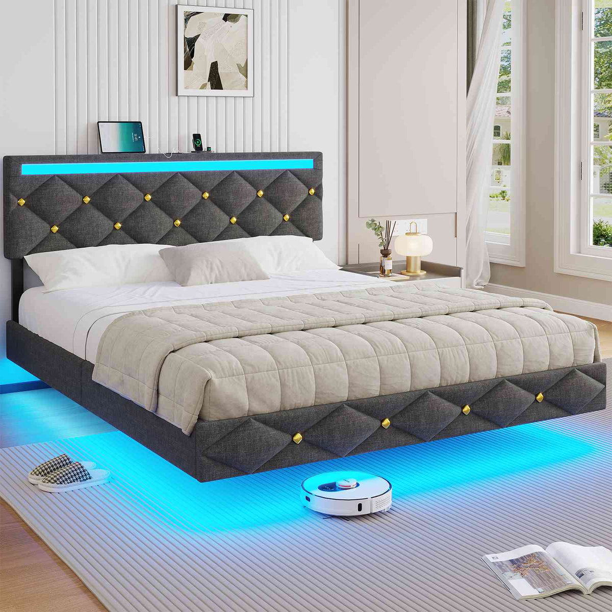 DICTAC Lit avec sommier LED Réglable Lits 2 Places avec Rembourré Tête de Lit Cadre de Lits avec Lattes en Bois et Multiprise