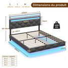 DICTAC Lit avec sommier LED Réglable Lits 2 Places avec Rembourré Tête de Lit Cadre de Lits avec Lattes en Bois et Multiprise