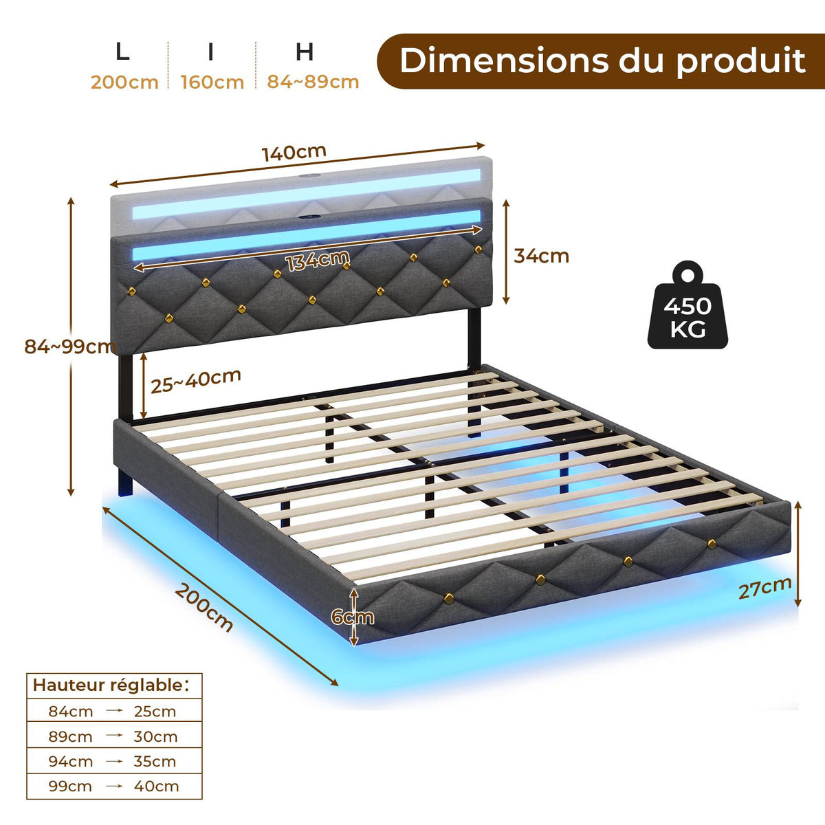 DICTAC Lit avec sommier LED Réglable Lits 2 Places avec Rembourré Tête de Lit Cadre de Lits avec Lattes en Bois et Multiprise