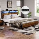 DICTAC Lit 160x200 en Métal Lits 2 Personnes avec tête LED et 2Ports USB et Prise de Courant Cadre de lit avec tête et pied de lits en bois