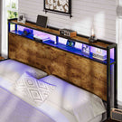 DICTAC Lit 160x200 en Métal Lits 2 Personnes avec tête LED et 2Ports USB et Prise de Courant Cadre de lit avec tête et pied de lits en bois