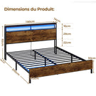 DICTAC Lit 160x200 en Métal Lits 2 Personnes avec tête LED et 2Ports USB et Prise de Courant Cadre de lit avec tête et pied de lits en bois