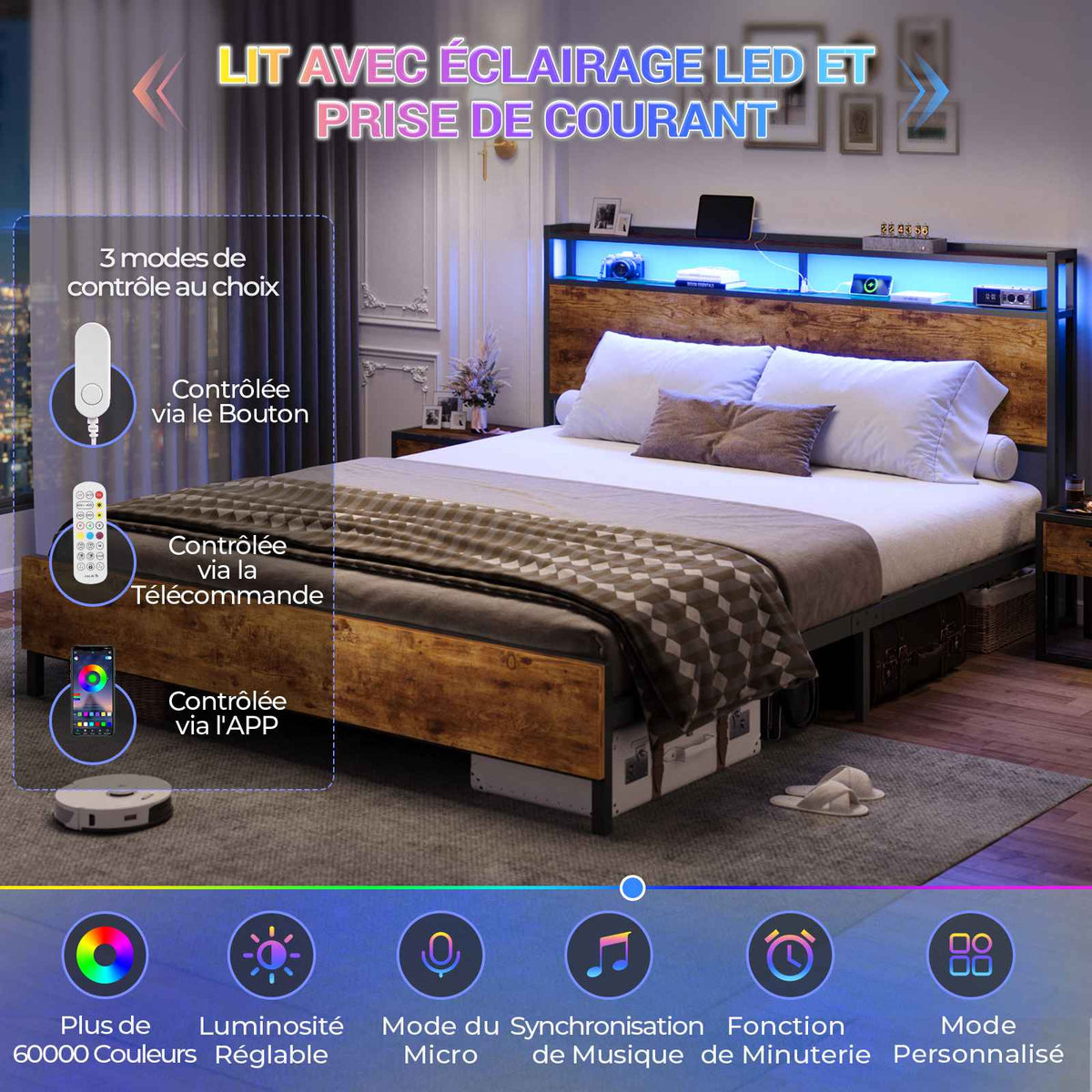 DICTAC Lit 160x200 en Métal Lits 2 Personnes avec tête LED et 2Ports USB et Prise de Courant Cadre de lit avec tête et pied de lits en bois
