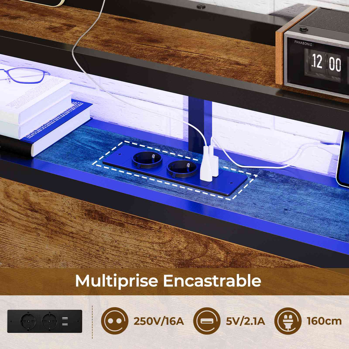DICTAC Lit 160x200 en Métal Lits 2 Personnes avec tête LED et 2Ports USB et Prise de Courant Cadre de lit avec tête et pied de lits en bois