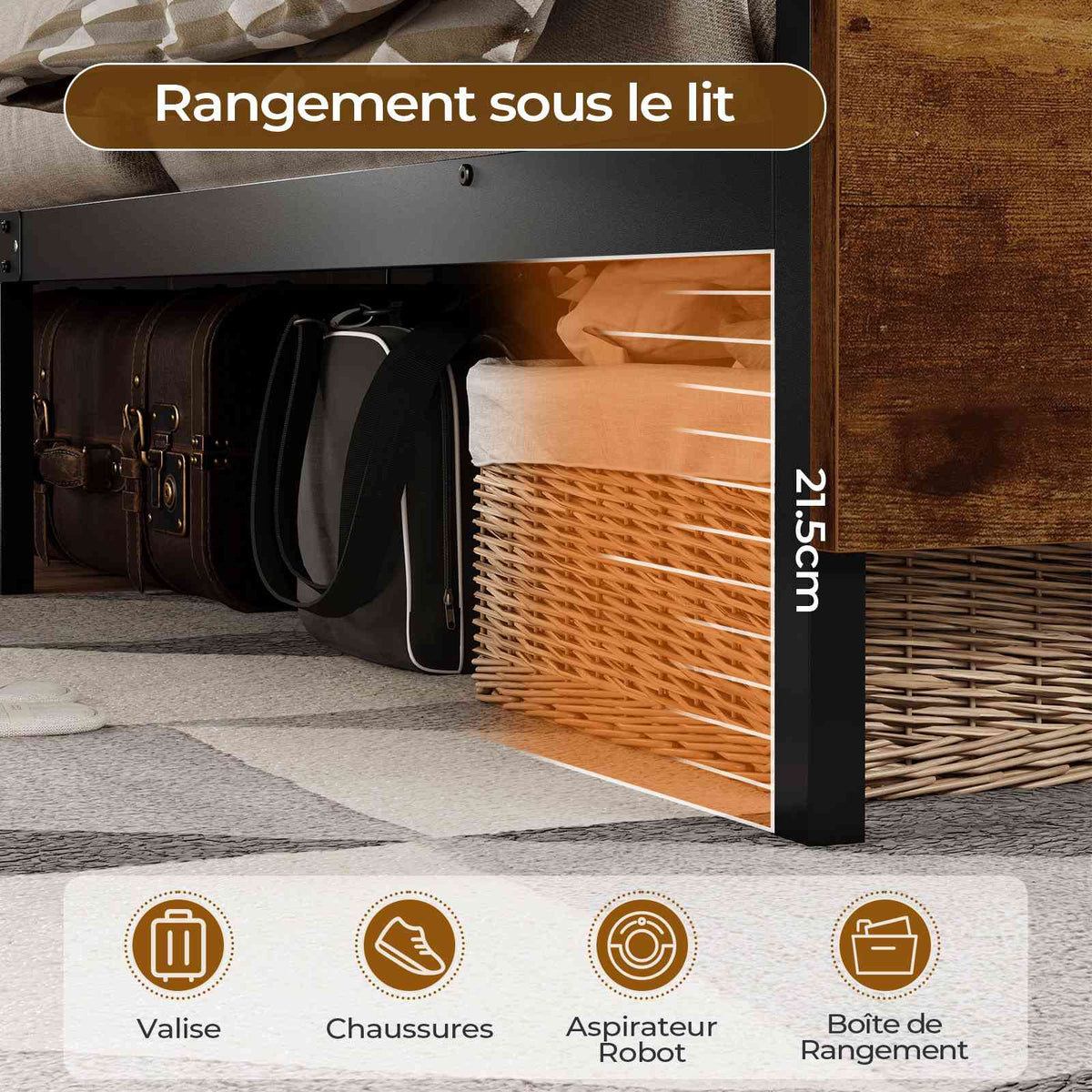 DICTAC Lit 160x200 en Métal Lits 2 Personnes avec tête LED et 2Ports USB et Prise de Courant Cadre de lit avec tête et pied de lits en bois
