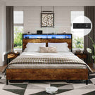 DICTAC Lit 160x200 en Métal Lits 2 Personnes avec tête LED et 2Ports USB et Prise de Courant Cadre de lit avec tête et pied de lits en bois