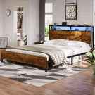 DICTAC Lit 160x200 en Métal Lits 2 Personnes avec tête LED et 2Ports USB et Prise de Courant Cadre de lit avec tête et pied de lits en bois