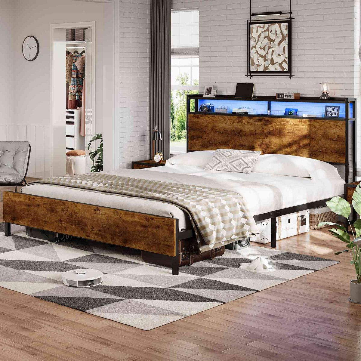 DICTAC Lit 160x200 en Métal Lits 2 Personnes avec tête LED et 2Ports USB et Prise de Courant Cadre de lit avec tête et pied de lits en bois